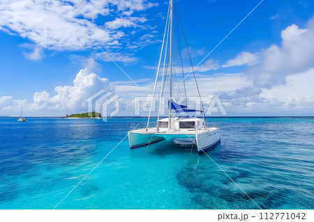 A white sailing yacht anchored in crystal-clear blue waters near a small island A white sailing yacht anchored in crystal-clear blue waters near a small island 112771042