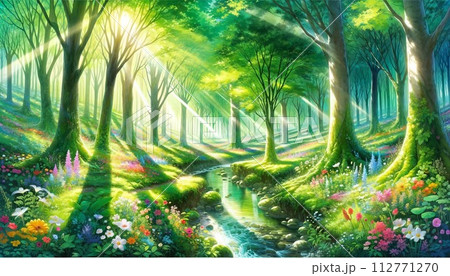 森の中のカラフルな花畑のイラスト素材 [112771270] - PIXTA