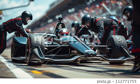 AI-generated content. Racing team working at pit stop with racing care during tournament on a daytime 112771755