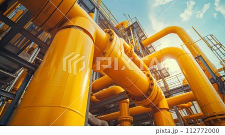Industrial Yellow Gas Pipeline Against Blue Sky Industrial Yellow Gas Pipeline Against Blue Sky 112772000