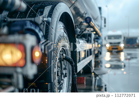 Hydrogen Tanker Truck Undergoing Tire Inflation at Station 112772071
