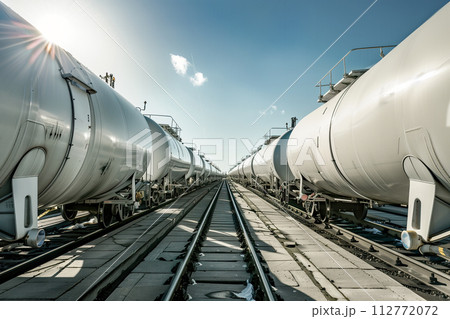 Dual Row of Hydrogen Tankers on Railroad in Sunshine Dual Row of Hydrogen Tankers on Railroad in Sunshine 112772072