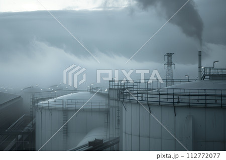 Industrial Storage Tanks Against Stormy Sky Background 112772077