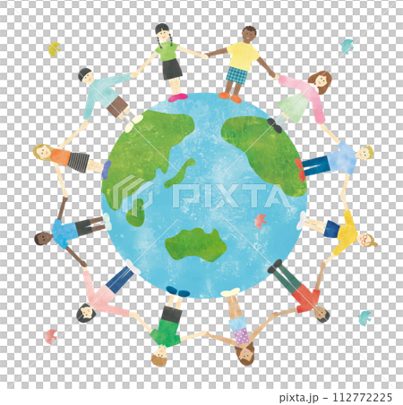 孩子手牽手圍成一圈的水彩畫 112772225