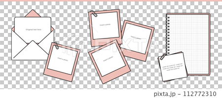 Illustrations of letters, polaroids, notebooks, and memos that can be used with photos and messages 112772310