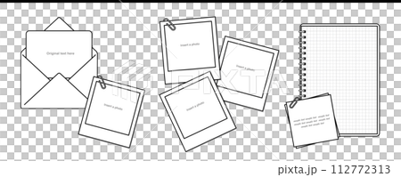 可與照片和訊息一起使用的字母、寶麗來、筆記本和備忘錄的插圖 112772313
