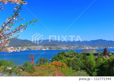 【広島県】晴天の厳島神社大鳥居と五重塔と豊国神社（宮島） 112772344