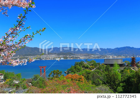 【広島県】晴天の厳島神社大鳥居と五重塔と豊国神社(宮島) 【広島県】晴天の厳島神社大鳥居と五重塔と豊国神社(宮島) 112772345