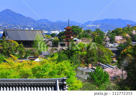 【広島県】満開の桜と厳島神社の五重塔と豊国神社（宮島） 112772355
