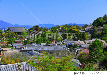 【広島県】満開の桜と厳島神社の五重塔と豊国神社（宮島） 112772358