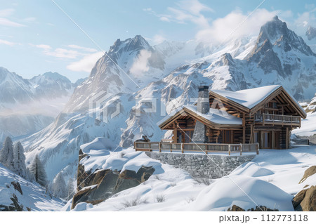 Picturesque wooden chalet with smoking chimney amidst snow-covered alps during winter 112773118