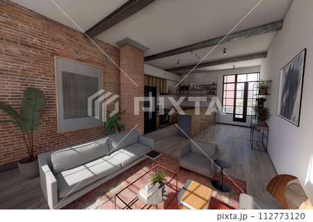 Bright and stylish loft apartment featuring a blend of industrial and contemporary design elements 112773120
