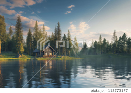 Tranquil scene of a cozy cabin by a forest lake as the sun sets, reflecting golden light on the water 112773177