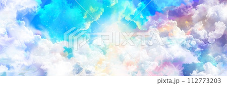美しく輝く神秘的な光と宇宙に漂う虹色の星雲と星々のファンタジー背景風景ワイドサイズイラスト 美しく輝く神秘的な光と宇宙に漂う虹色の星雲と星々のファンタジー背景風景ワイドサイズイラスト 112773203