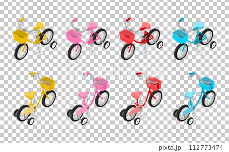 アイソメトリックイラスト:補助輪付き自転車セット アイソメトリックイラスト:補助輪付き自転車セット 112773474