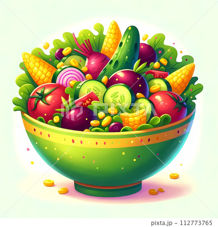 美味しそうなサラダのイラスト。カラフルなたくさんの野菜サラダ。トマト、きゅうり、カブ、とうもろこし 112773765