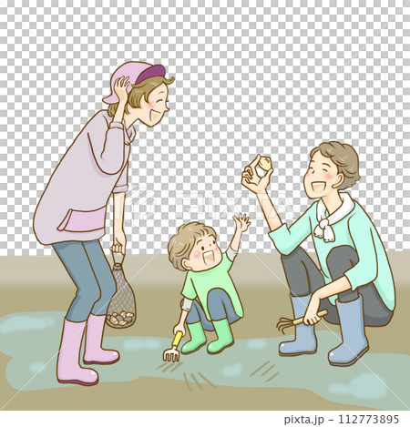 潮干狩りをする親子 112773895