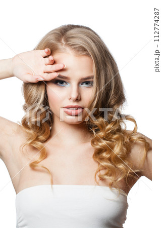 Healthy young fashion woman with healthy blonde hair and make-up on white background Healthy young fashion woman with healthy blonde hair and make-up on white background 112774287