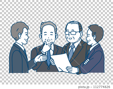 ミーティングで話し合う中年会社員の男性のイラスト 112774826