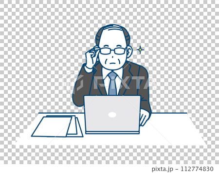 Illustration of a middle-aged office worker working on a computer 112774830