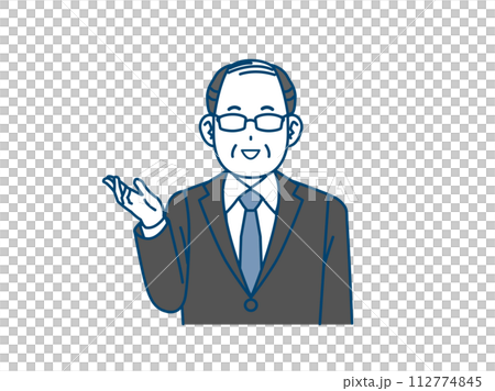 Illustration of a middle-aged office worker talking and explaining Illustration of a middle-aged office worker talking and explaining 112774845