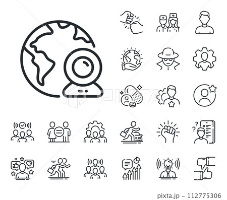 Virtual presentation sign. Specialist, doctor and job competition outline icons. Video conference line icon. Web camera symbol. Video conference line sign. Vector 112775306