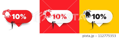 10 percent off sale tag. Speech bubbles with bell and woman silhouette. Discount offer price sign. Special offer symbol. Discount chat speech message. Woman with megaphone. Vector 112775353