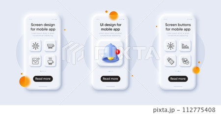 Checkbox, Usb flash and Networking line icons pack. 3d phone mockups with bell alert. Glass smartphone screen. Americano, Statistics, Dating network web icon. Espresso, Histogram pictogram. Vector Checkbox, Usb flash and Networking line icons pack. 3d phone mockups with bell alert. Glass smartphone screen. Americano, Statistics, Dating network web icon. Espresso, Histogram pictogram. Vector 112775408