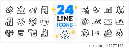 Icons set of Post package, Sales diagram and Demand curve line icons pack for app with Column diagram, Inflation, Payment thin outline icon. Wallet, Hot loan, World money pictogram. Vector 112775434