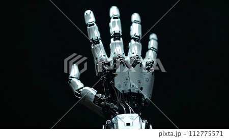 AI-generated content. Robotic hand on black background.  112775571