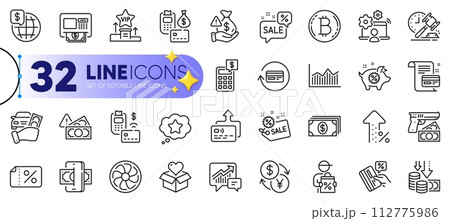 Outline set of Discount banner, Sale and Deflation line icons for web with Rent car, Currency exchange, Refund commission thin icon. Payment, Phishing, Piggy sale pictogram icon. Banking. Vector 112775986