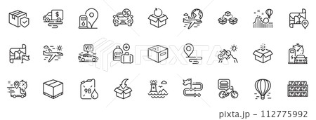 Icons pack as Petrol station, International flight and Charging station line icons for app include Car leasing, Vip transfer, Lighthouse outline thin icon web set. Airplane travel. Vector 112775992