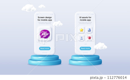 Sale 20 percent off bubble banner. Phone mockup on podium. Product offer 3d pedestal. Discount sticker shape. Coupon badge icon. Background with 3d clouds. Sale bubble promotion message. Vector 112776014