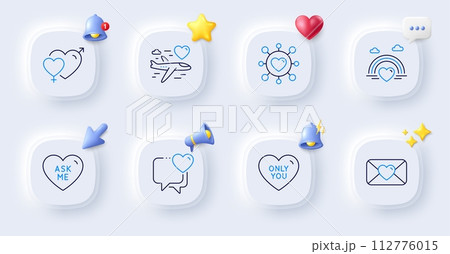 Honeymoon travel, Male female and Ask me line icons. Buttons with 3d bell, chat speech, cursor. Pack of Valentine, Lgbt, Heart icon. Only you, Dating pictogram. For web app, printing. Vector 112776015