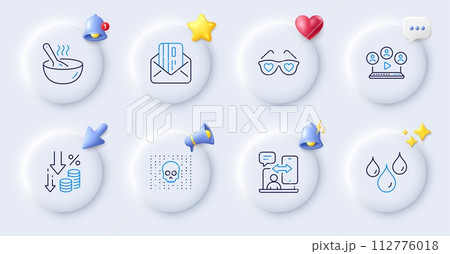 Deflation, Waterproof and Love glasses line icons. Buttons with 3d bell, chat speech, cursor. Pack of Phone timing, Cyber attack, Video conference icon. Credit card, Cook pictogram. Vector Deflation, Waterproof and Love glasses line icons. Buttons with 3d bell, chat speech, cursor. Pack of Phone timing, Cyber attack, Video conference icon. Credit card, Cook pictogram. Vector 112776018