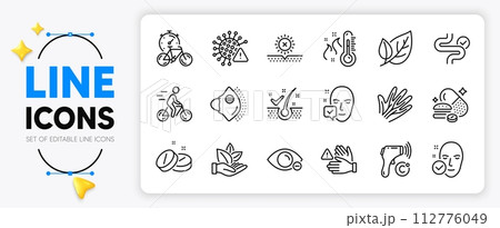 High thermometer, No sun and Bike timer line icons set for app include Myopia, Medical mask, Veins outline thin icon. Covid virus, Digestion, Medical tablet pictogram icon. Vector 112776049