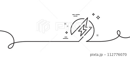 Electric energy line icon. Continuous one line with curl. Charging power sign. Charge lightning bolt symbol. Electric energy single outline ribbon. Loop curve pattern. Vector 112776070