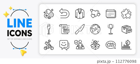 Smile face, Payment card and Calendar line icons set for app include Electricity, Bromine mineral, Undo outline thin icon. Champagne glass, Sale, Heart pictogram icon. Report timer, Star. Vector Smile face, Payment card and Calendar line icons set for app include Electricity, Bromine mineral, Undo outline thin icon. Champagne glass, Sale, Heart pictogram icon. Report timer, Star. Vector 112776098