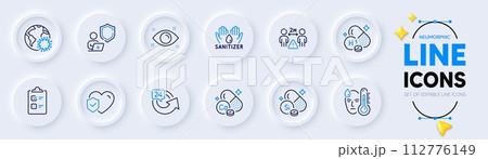 Life insurance, Coronavirus and Silicon mineral line icons for web app. Pack of Health eye, Fever, Social distance pictogram icons. Checklist, Hand sanitizer, Shield signs. Neumorphic buttons. Vector Life insurance, Coronavirus and Silicon mineral line icons for web app. Pack of Health eye, Fever, Social distance pictogram icons. Checklist, Hand sanitizer, Shield signs. Neumorphic buttons. Vector 112776149