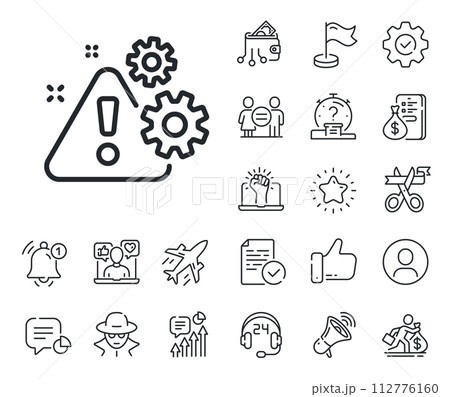 Attention triangle sign. Salaryman, gender equality and alert bell outline icons. Warning line icon. Caution alert symbol. Warning line sign. Spy or profile placeholder icon. Vector Attention triangle sign. Salaryman, gender equality and alert bell outline icons. Warning line icon. Caution alert symbol. Warning line sign. Spy or profile placeholder icon. Vector 112776160
