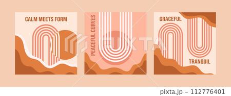 Minimalist geometric zen arches square post social media collection with text - Calm, Peacful, Graceful. Abstract boho shapes in a retro aesthetic for versatile design use. Vector concept design 112776401