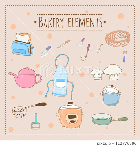 Kitchen utensils and bakery tools doodle. Hand drawn vector illustration. 112776596