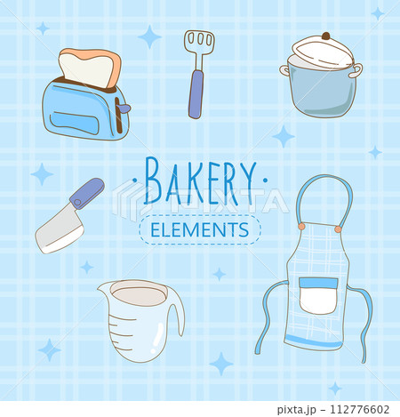 Kitchen utensils and bakery tools doodle. Hand drawn vector illustration. Kitchen utensils and bakery tools doodle. Hand drawn vector illustration. 112776602