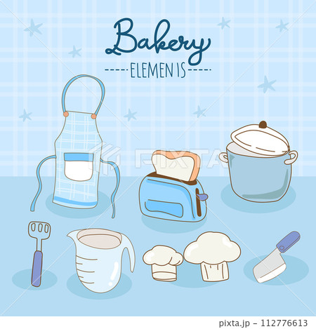 Kitchen utensils and bakery tools doodle. Hand drawn vector illustration. Kitchen utensils and bakery tools doodle. Hand drawn vector illustration. 112776613