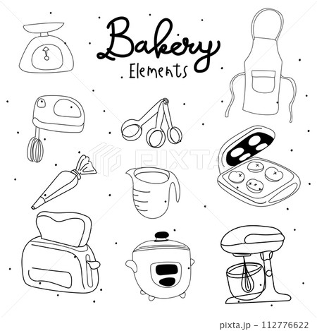 Kitchen utensils and bakery tools doodle. Hand drawn vector illustration. 112776622