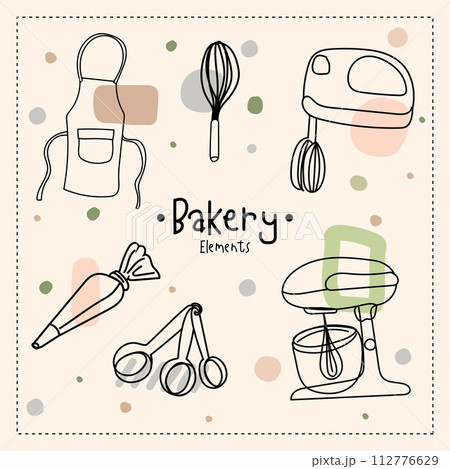 Kitchen utensils and bakery tools doodle. Hand drawn vector illustration. Kitchen utensils and bakery tools doodle. Hand drawn vector illustration. 112776629