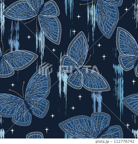 Seamless pattern with denim butterfly, smudged, smeared paint, small stars. Boho mystery design. Random composition. Seamless pattern with denim butterfly, smudged, smeared paint, small stars. Boho mystery design. Random composition. 112776742