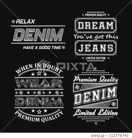 Denim style text labels with typography, textured letters, jeans buttons, stitches. Detailed composition in vintage style on black background. For clothing, t shirt, surface design. Denim style text labels with typography, textured letters, jeans buttons, stitches. Detailed composition in vintage style on black background. For clothing, t shirt, surface design. 112776743