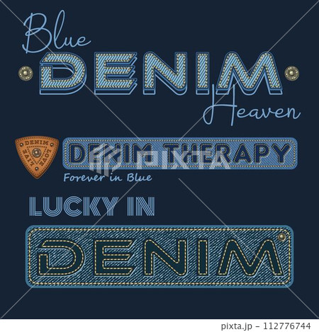 Horizontal denim labels with text, blue jeans fabric texture, stitches, leather patch. T shirt design in vintage style on dark background. Horizontal denim labels with text, blue jeans fabric texture, stitches, leather patch. T shirt design in vintage style on dark background. 112776744