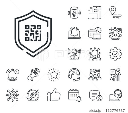 Scan barcode sign. Place location, technology and smart speaker outline icons. Qr code line icon. Code protection symbol. Qr code line sign. Influencer, brand ambassador icon. Vector 112776787